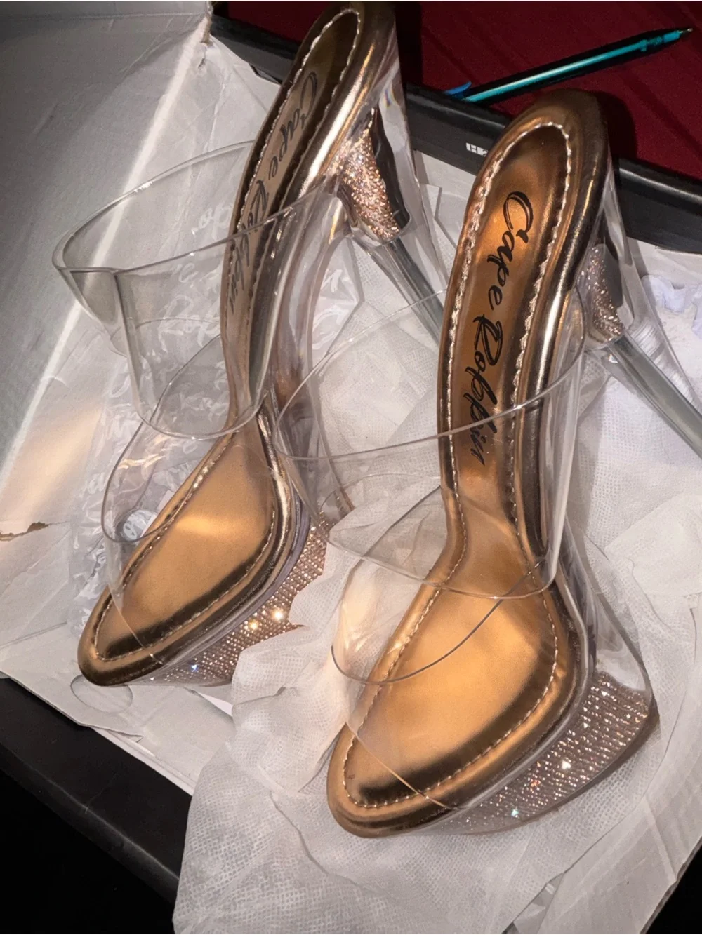 Clear Platform Glitter High Heels - Rose Gold
